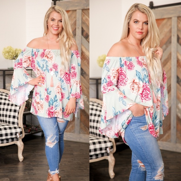 SKYE by Infinity Raine Tops - PLUS Mint Off Shoulder Floral Bell Sleeve Tunic